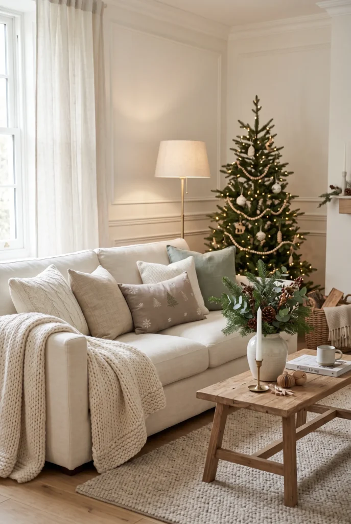 Neutral Christmas sofa decorated with cream, beige, and green textured pillows