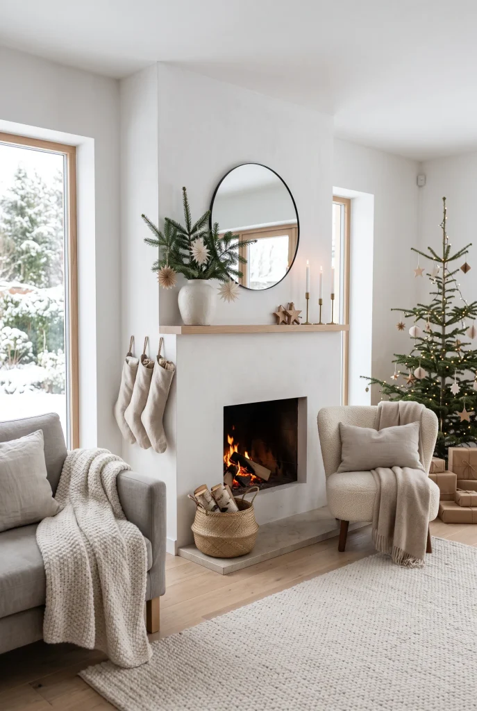Minimal Scandinavian Christmas mantel with sparse greenery, wooden stars, candles, and linen stockings