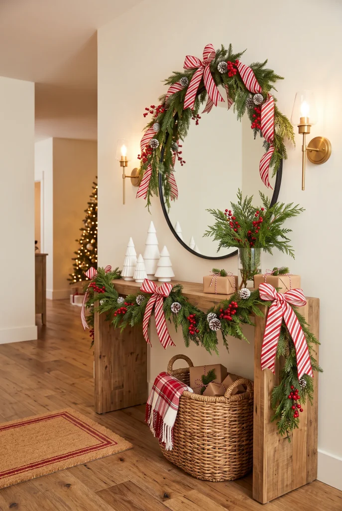 Red and white Christmas entryway with evergreen garland and festive console decor