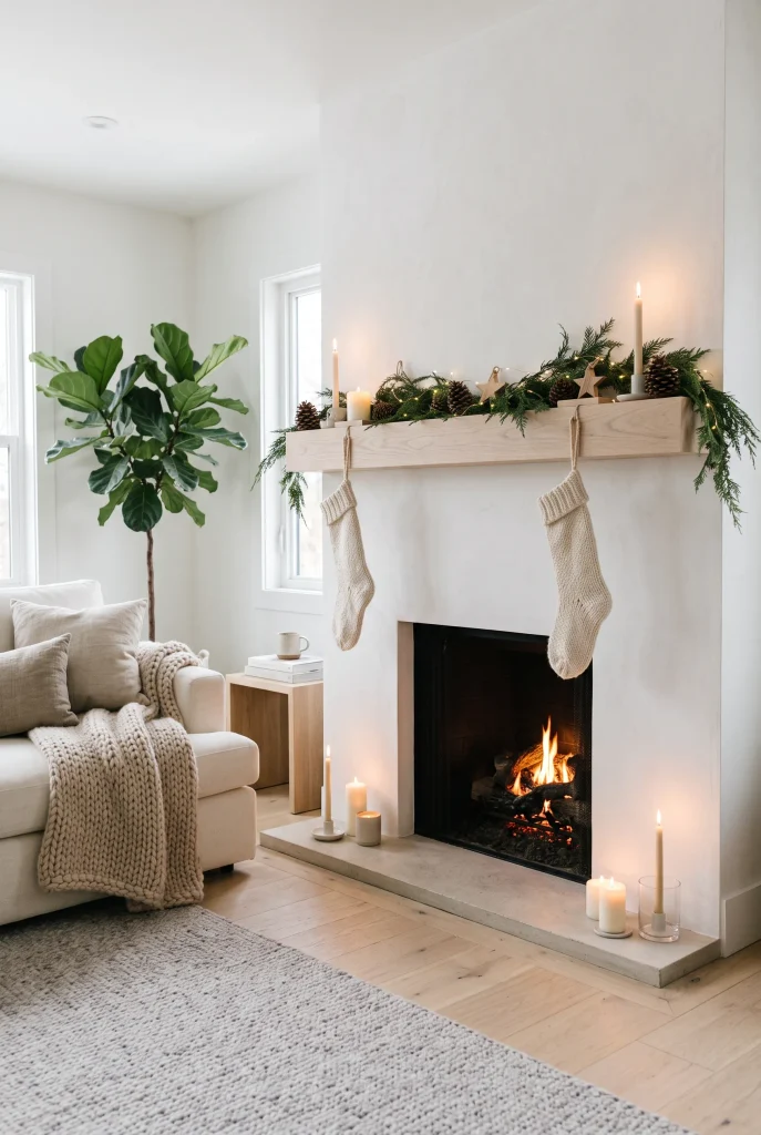 Scandinavian Christmas fireplace with simple greenery, wooden stars, and neutral stockings