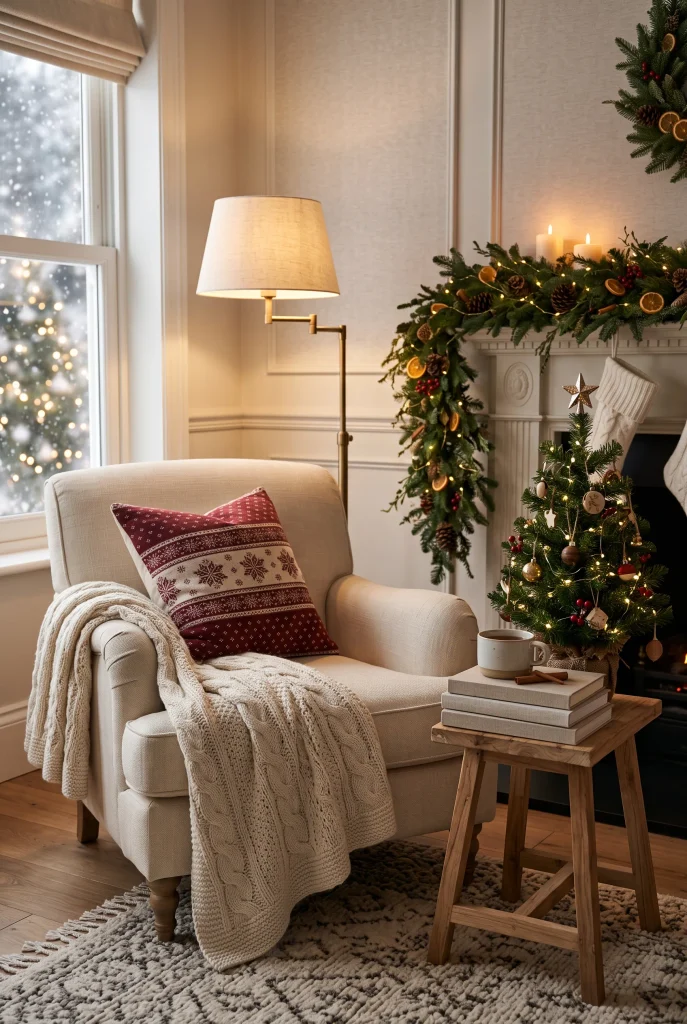 Cozy Christmas reading corner with cream armchair, knitted blanket, and small Christmas tree