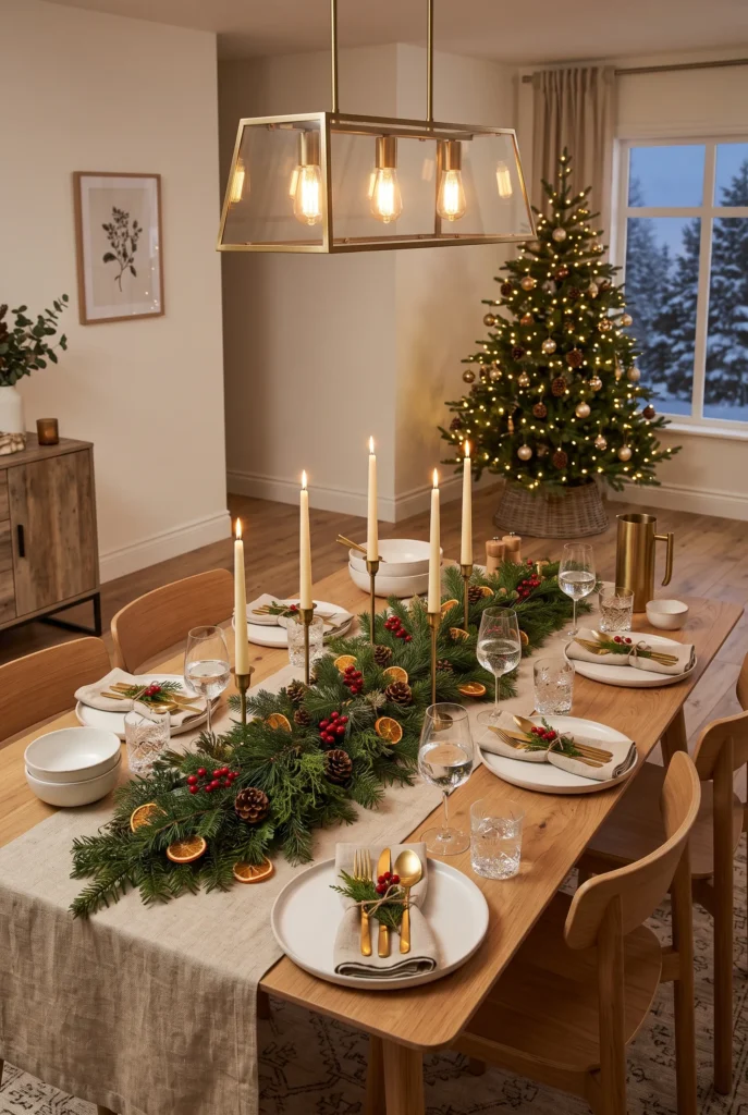 Elegant Christmas dining table with greenery, candles, linen, and neutral tableware
