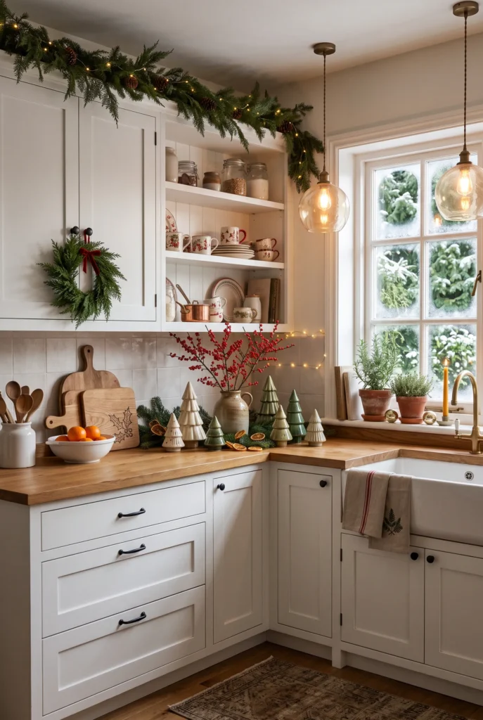 White kitchen decorated with Christmas greenery, wreath, ceramic trees, and red berries