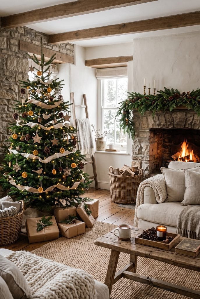 Rustic Christmas living room with natural wood, evergreen branches, and pinecones