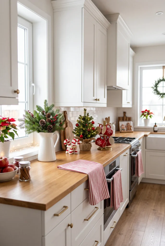 White Christmas kitchen with red mugs, candy cane decorations, and evergreen branches