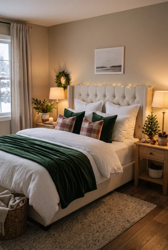 Cozy Christmas bedroom with layered bedding, greenery, and a small festive tree