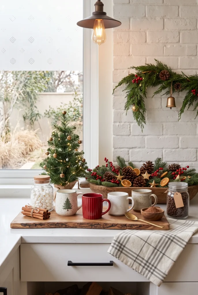 Small Christmas coffee station with mugs, greenery, pinecones, and warm lights