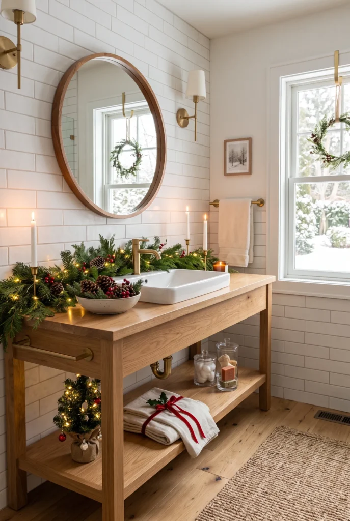 Festive bathroom with evergreen wreath, seasonal towels, pinecones, and Christmas decorations