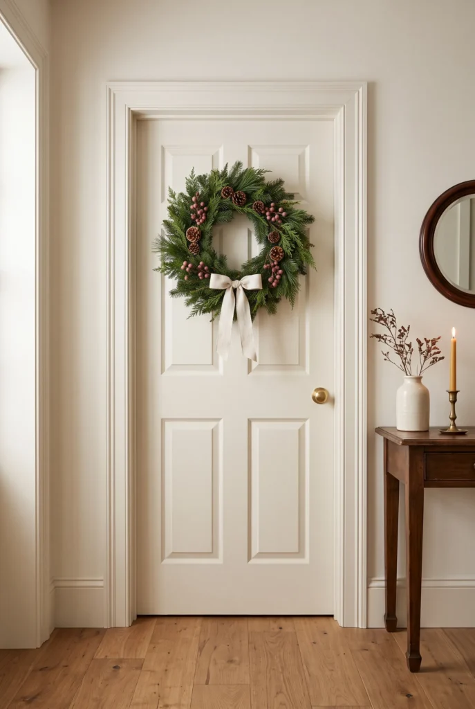 Interior door decorated with an evergreen Christmas wreath and natural accents