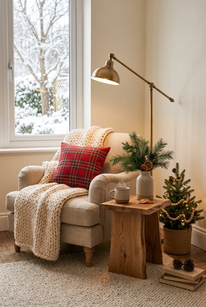 Cozy Christmas reading nook with armchair, soft throw, seasonal cushion, and small tree.