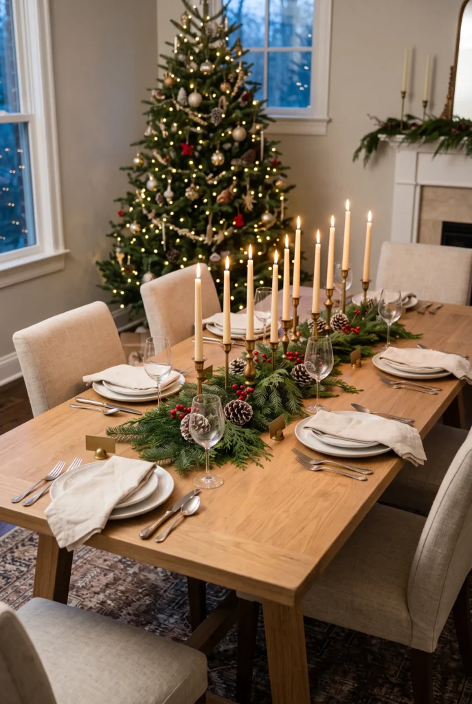 Elegant Christmas dining table with evergreen branches, candles, cream linens, and red berries