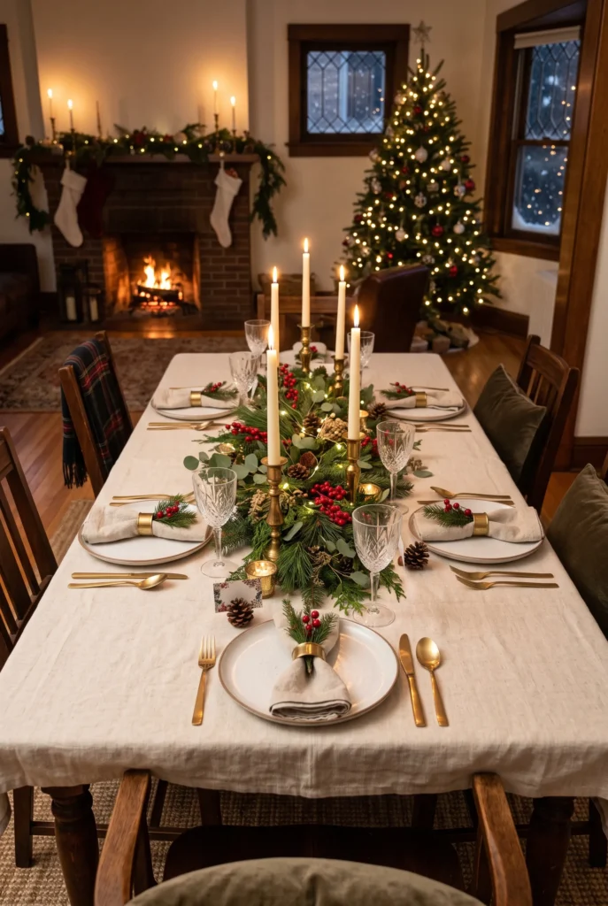 Elegant Christmas dining table with evergreen centerpiece and candles