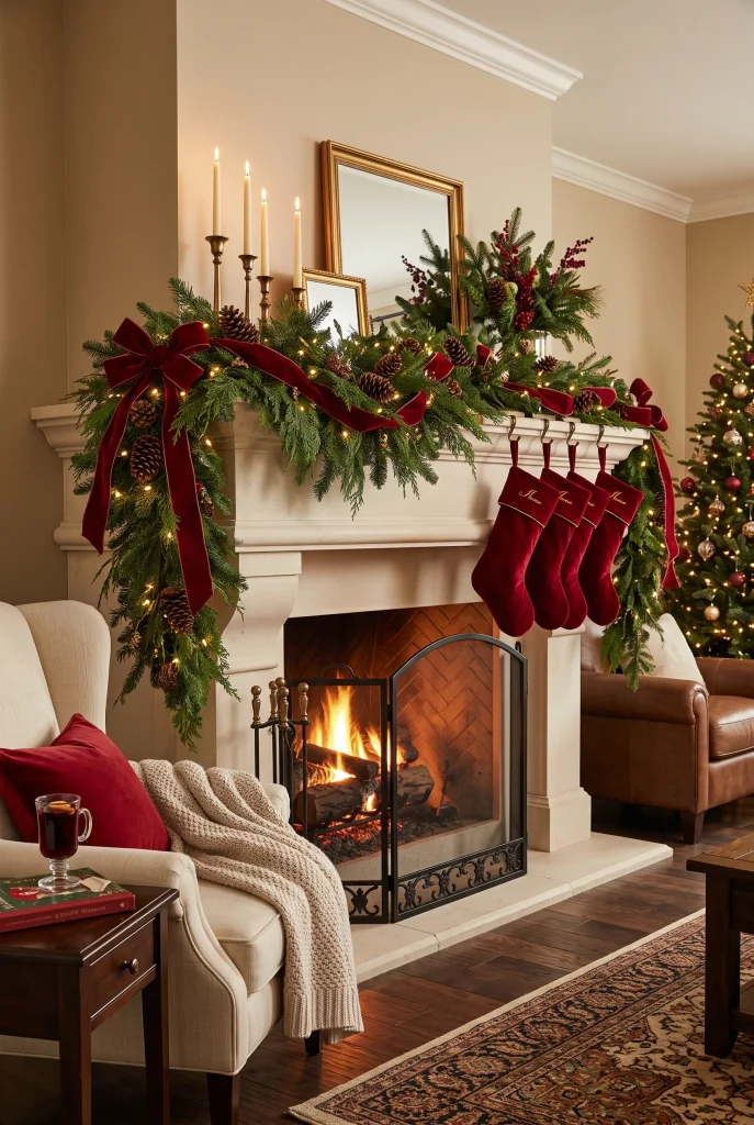 Traditional Christmas mantel with red velvet ribbon, evergreen garland, burgundy ornaments, and stockings