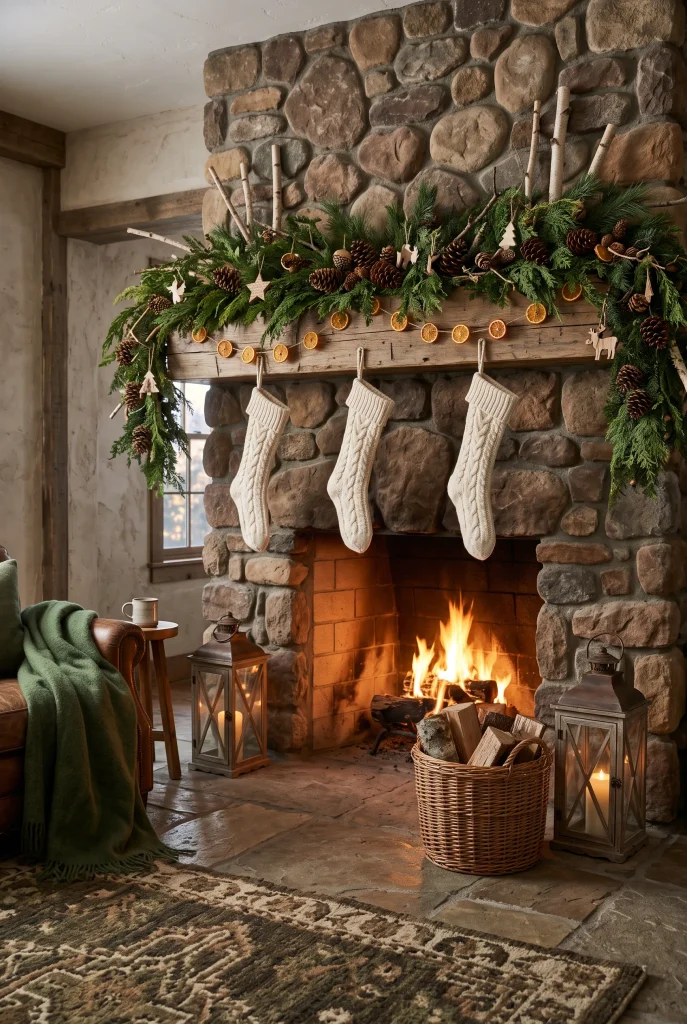 Rustic woodland fireplace decorated with pinecones, branches, and natural Christmas accents