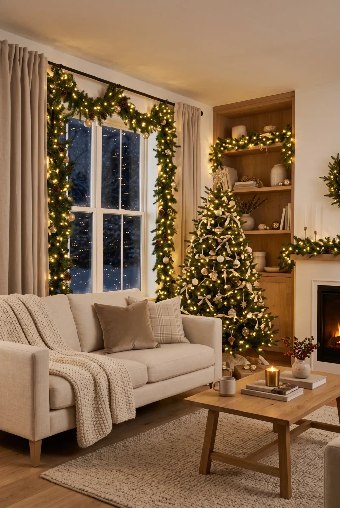 Christmas living room illuminated with warm white string lights