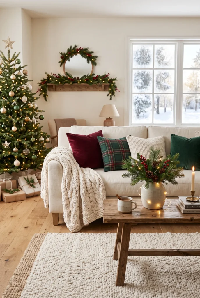 Neutral sofa decorated with cozy Christmas pillows and knitted blanket