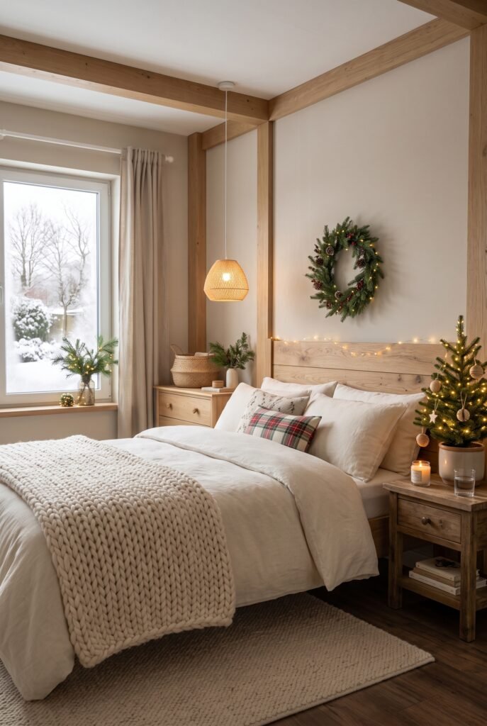 Serene bedroom decorated with subtle Christmas greenery and seasonal textiles