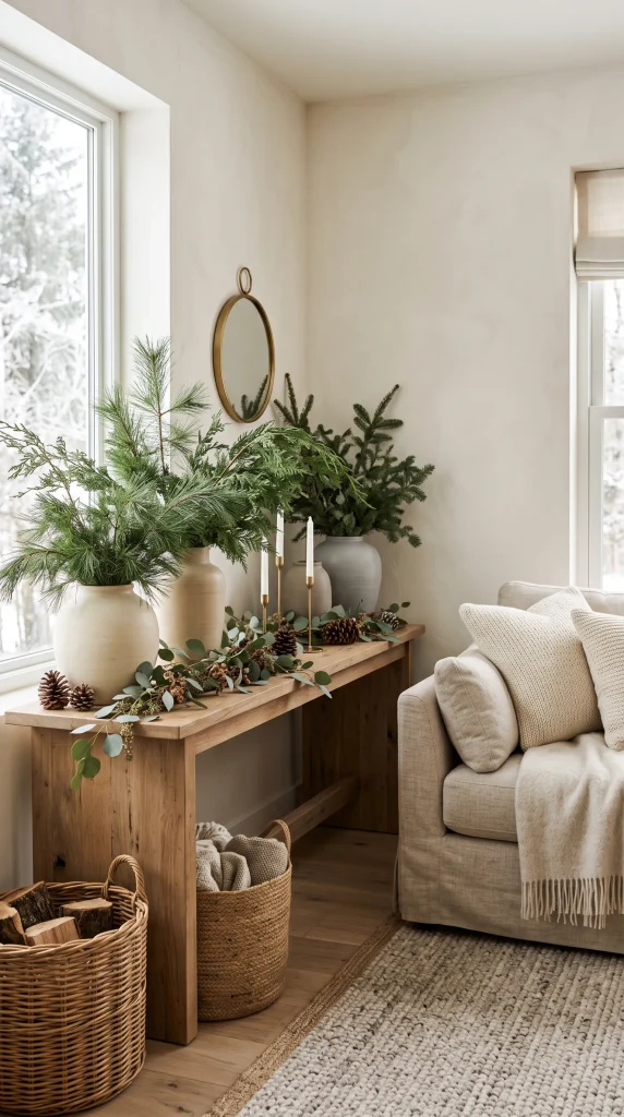 Natural evergreen branches displayed in vases throughout a Christmas living room
