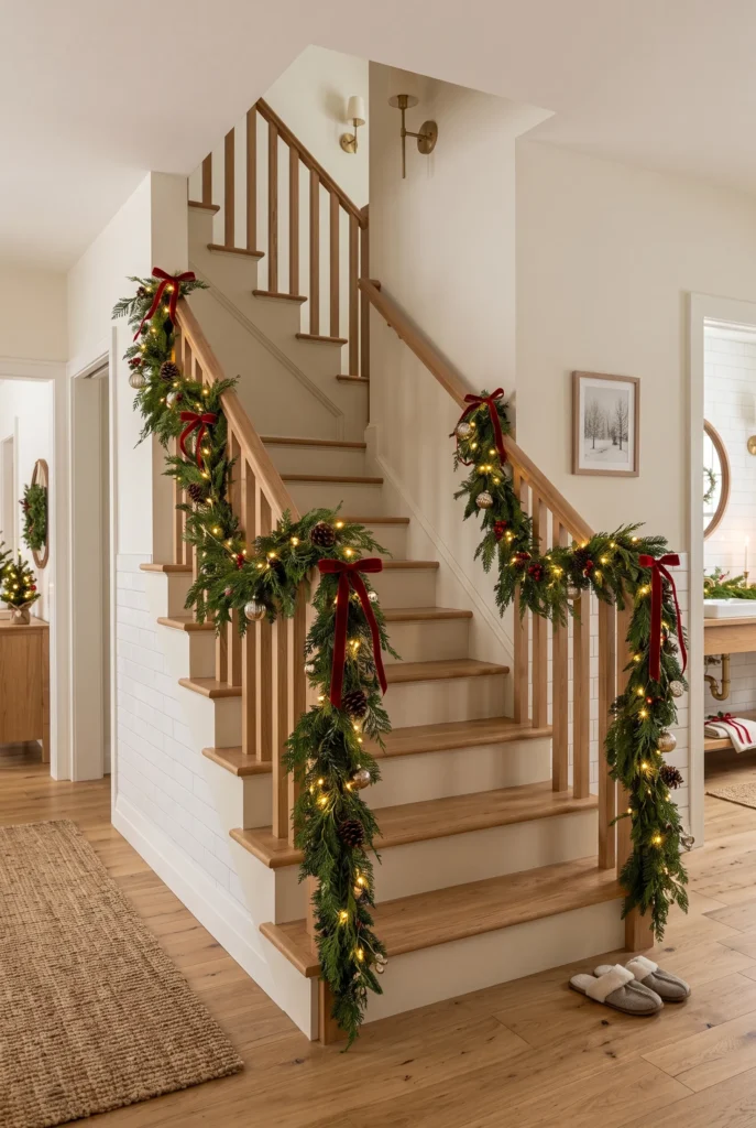 Christmas staircase decorated with evergreen garland, warm lights, and red ribbon