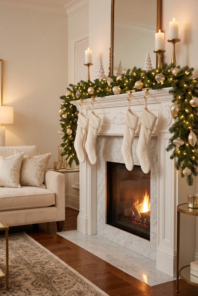 Elegant white and gold Christmas fireplace with greenery and champagne ornaments