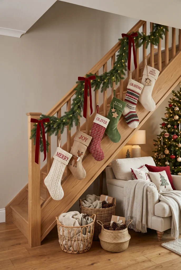 Christmas stockings and evergreen garland decorating a wooden staircase railing