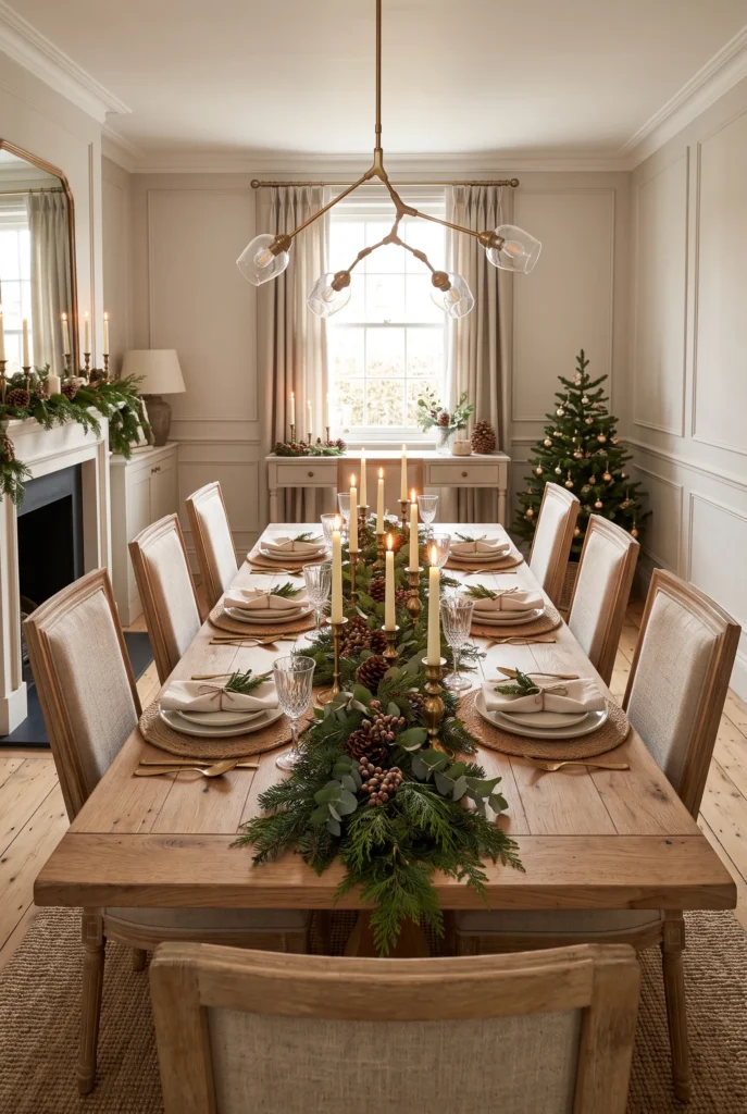Elegant Christmas dining table with evergreen centerpiece, candles, and linen place settings