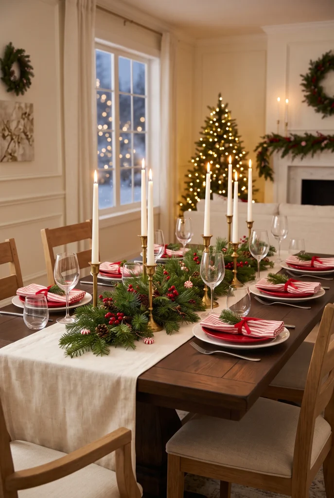 Elegant Christmas dining table with red and white place settings and evergreen centerpiece