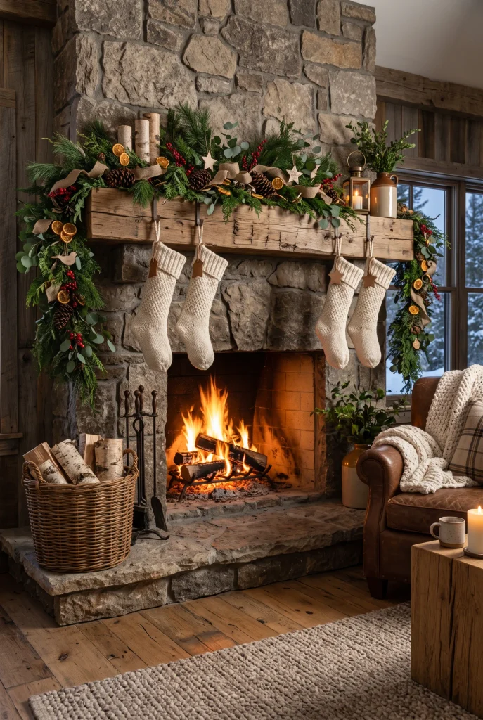 Rustic Christmas mantel with reclaimed wood, pine branches, pinecones, dried orange, and cream stockings