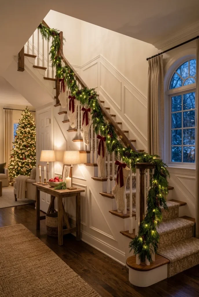 Elegant Christmas dining table with evergreen centerpiece, candles, and festive place settings