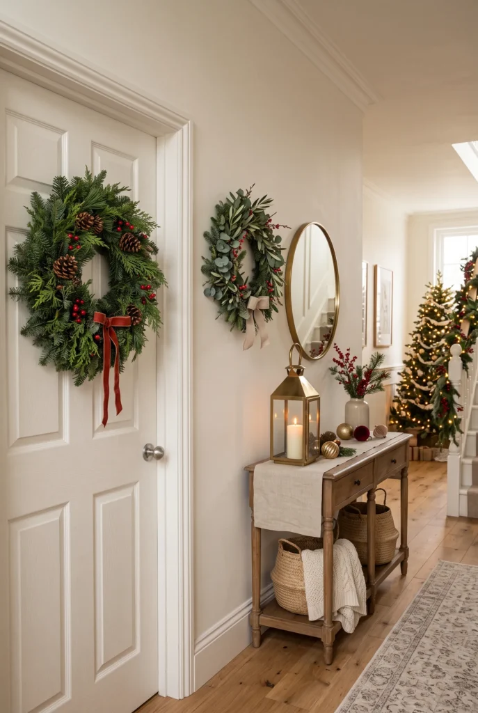 Christmas hallway decorated with evergreen and seasonal wreaths