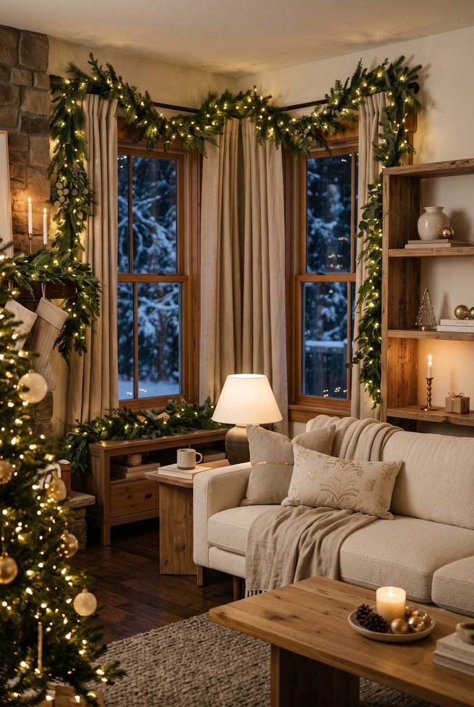 Cozy Christmas living room illuminated with warm white string lights