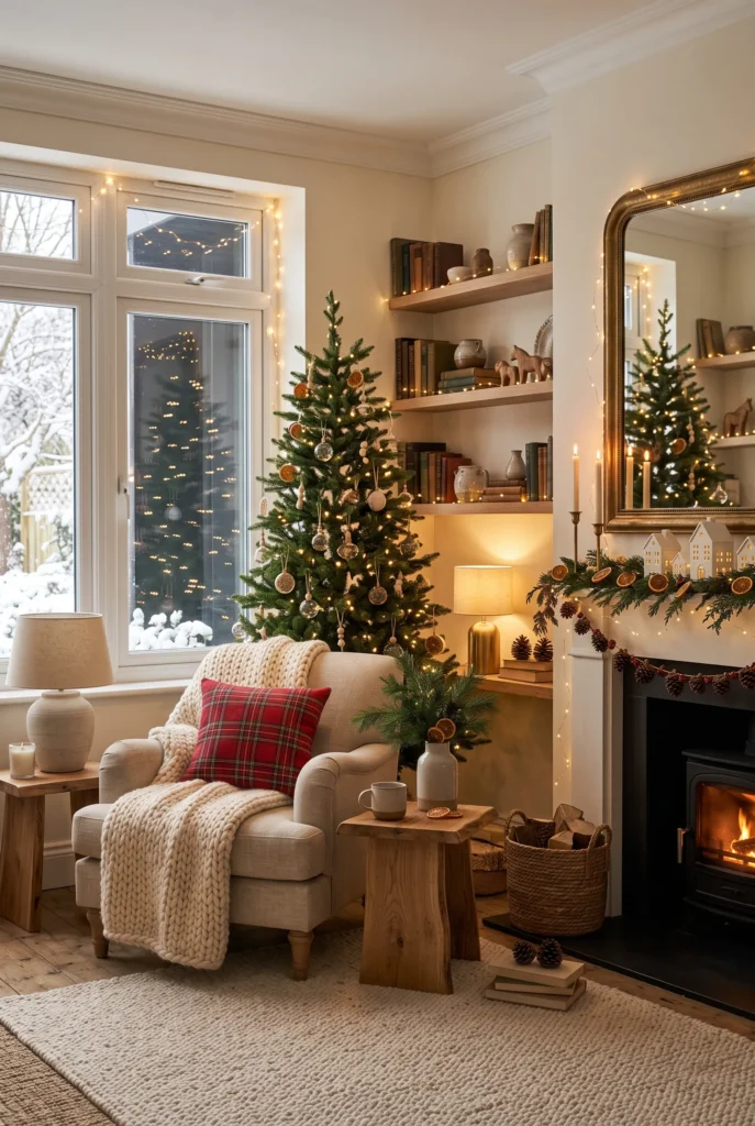 Living room decorated with warm white Christmas lights around windows and greenery.