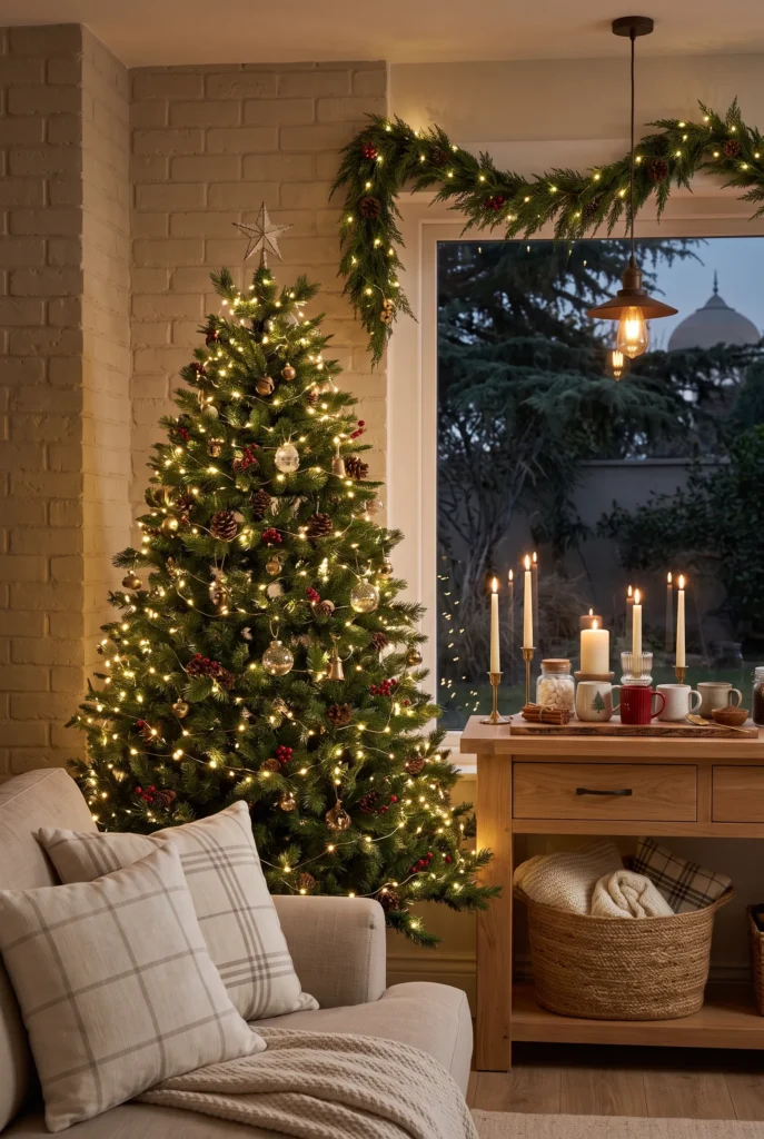 Cozy living room illuminated with warm white Christmas string lights


