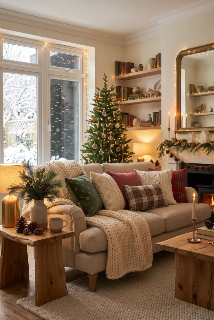 Neutral sofa decorated with Christmas pillows, plaid accents, and a chunky knit throw.
