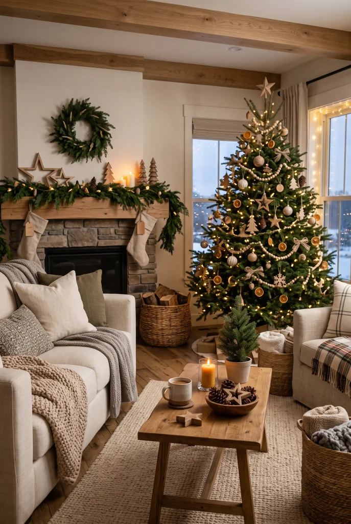 Modern rustic Christmas living room with natural wood Christmas decorations