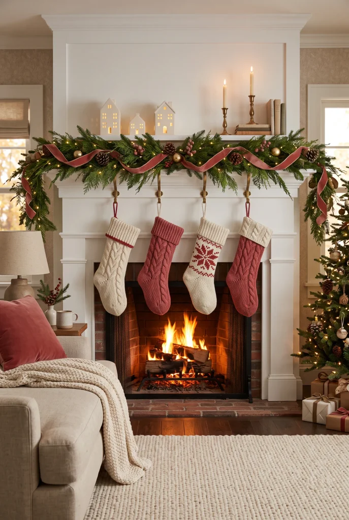 Christmas fireplace mantel decorated with oversized knitted stockings and simple evergreen garland