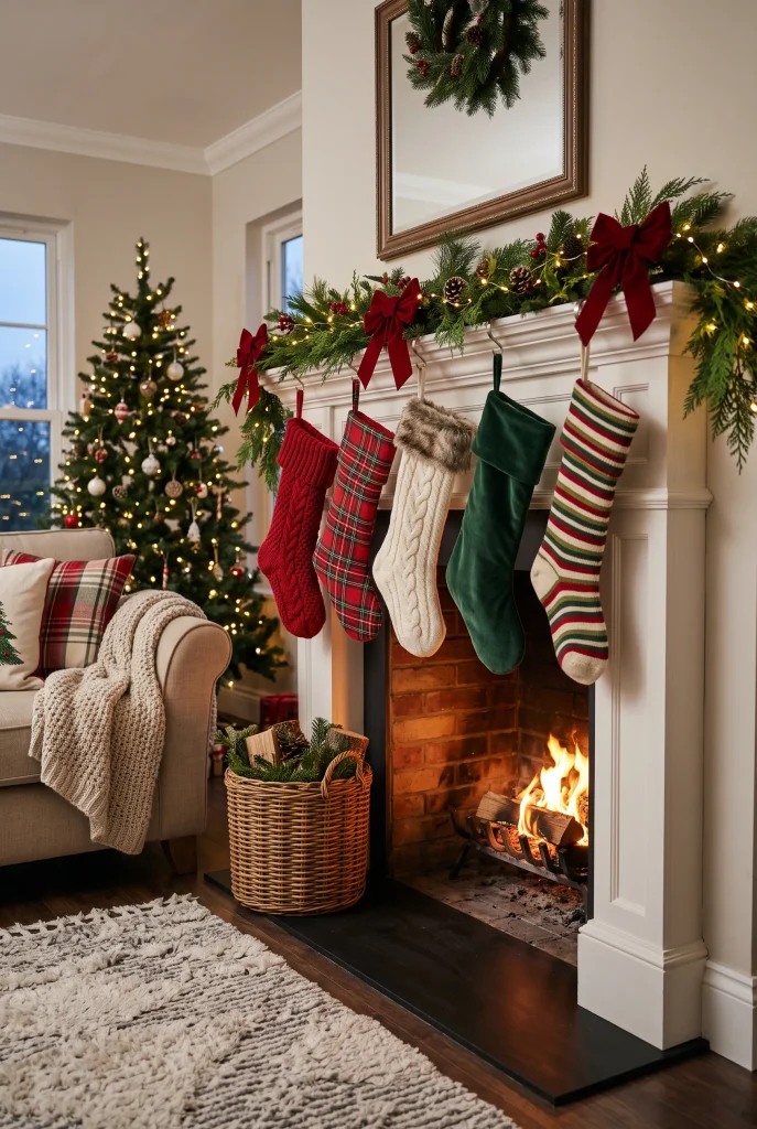 Christmas fireplace mantel featuring coordinated red, cream, and knitted stockings