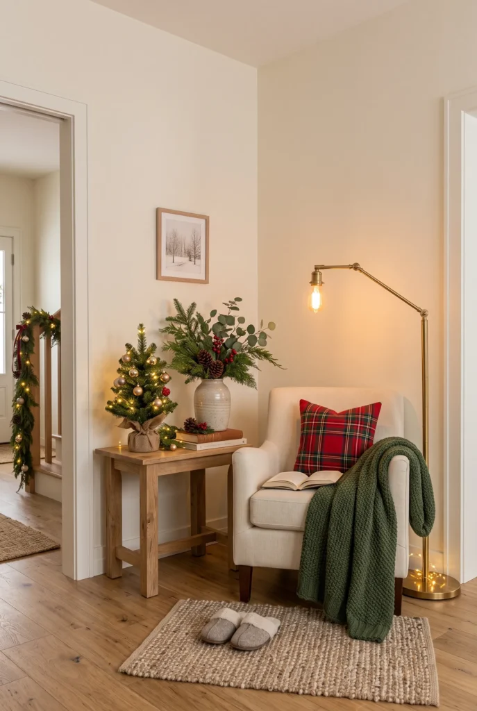 Cozy Christmas reading nook with armchair, knitted throw, tabletop tree, and warm lighting