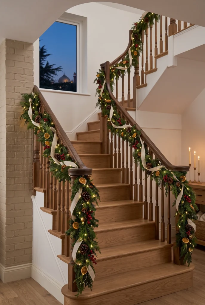 Christmas staircase decorated with evergreen garland and warm white lights