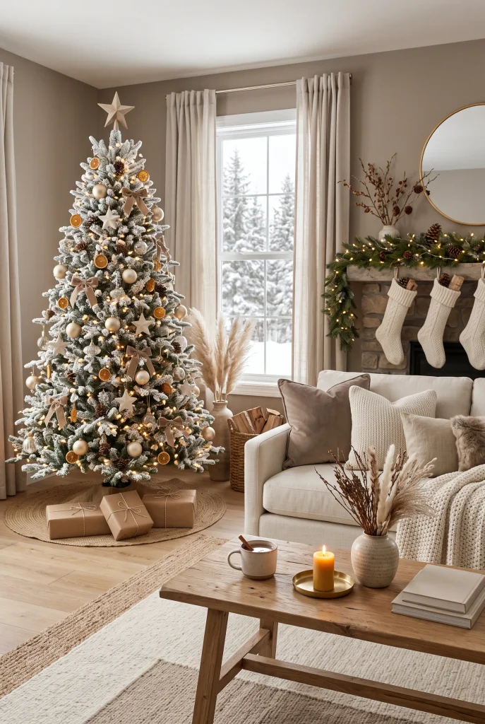 Neutral Christmas living room with ivory, beige, and muted gold decorations