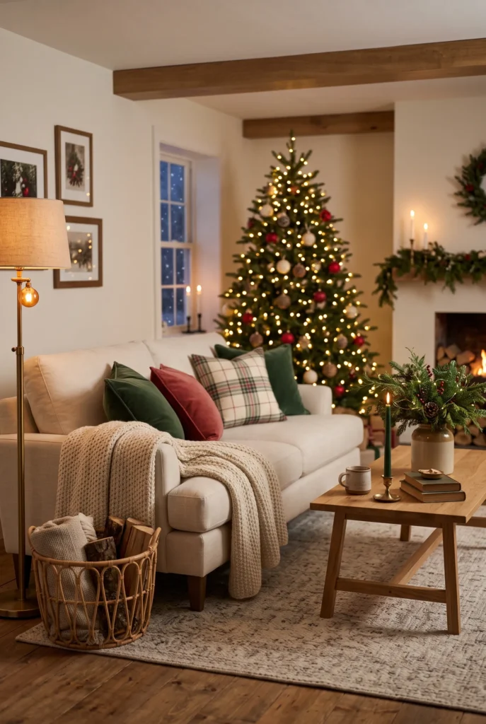 Cozy living room with Christmas cushions, knitted throw, plaid pillow, and seasonal deco