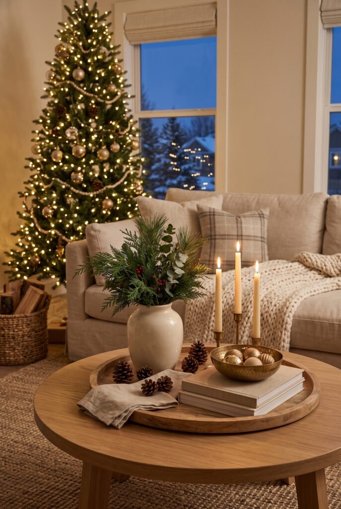 Christmas coffee table with greenery, candles, pinecones, and neutral accessories
