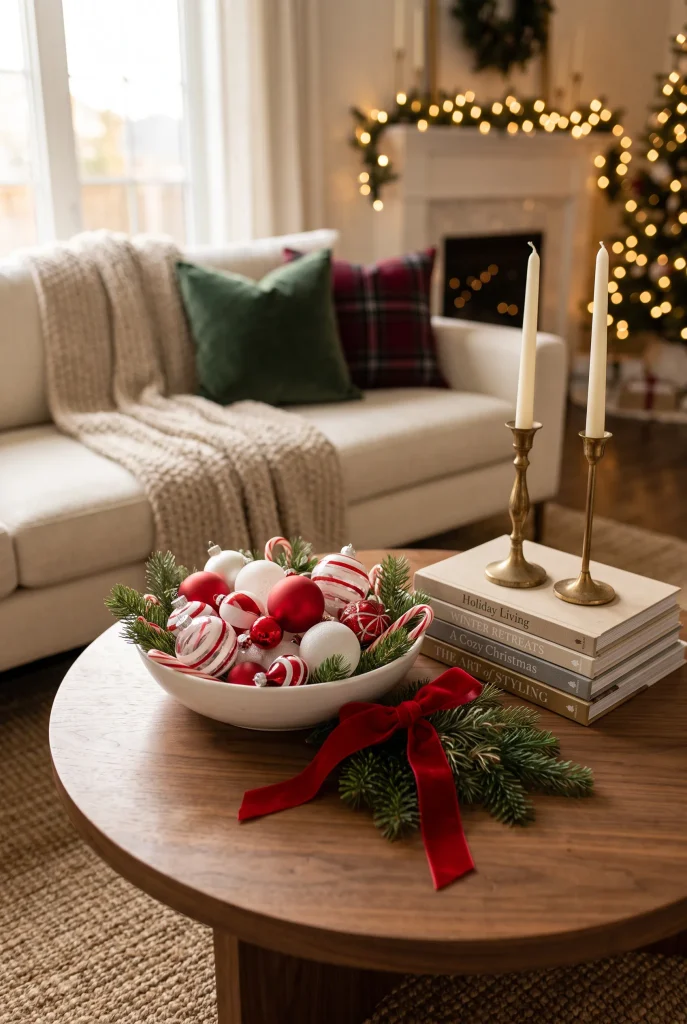 Christmas coffee table decorated with red and white ornaments and evergreen sprigs