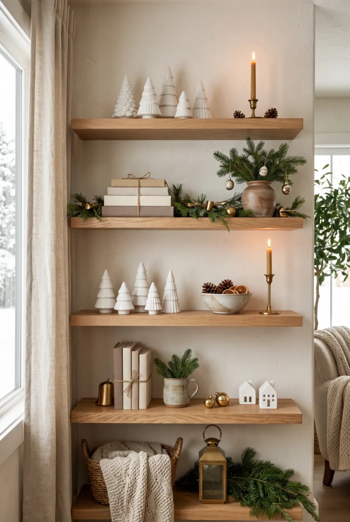 Open wooden shelves styled with evergreen branches, ceramic trees, and Christmas accents