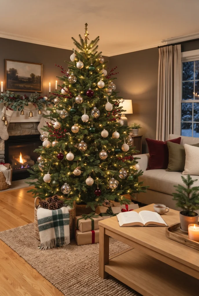 Neutral living room with restrained red and green Christmas decorations