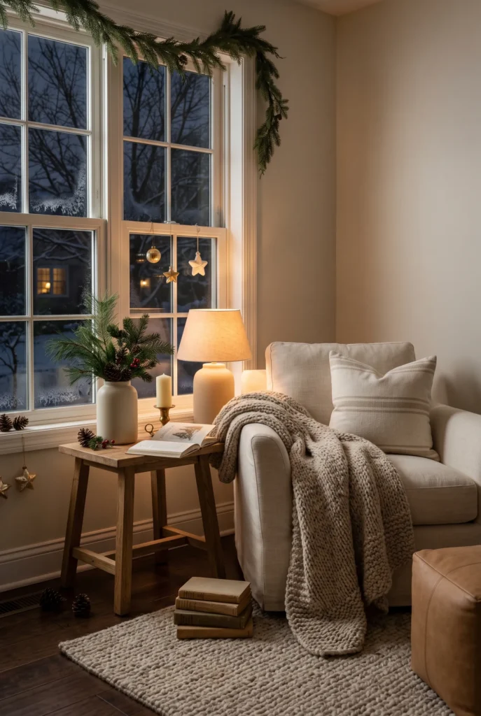 Cozy Christmas reading nook with cream armchair, blanket, lamp, and greenery