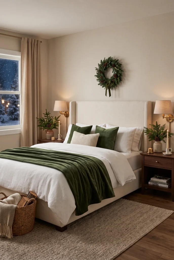 Cozy Christmas bedroom with evergreen branches, candles, cream bedding, and green textiles