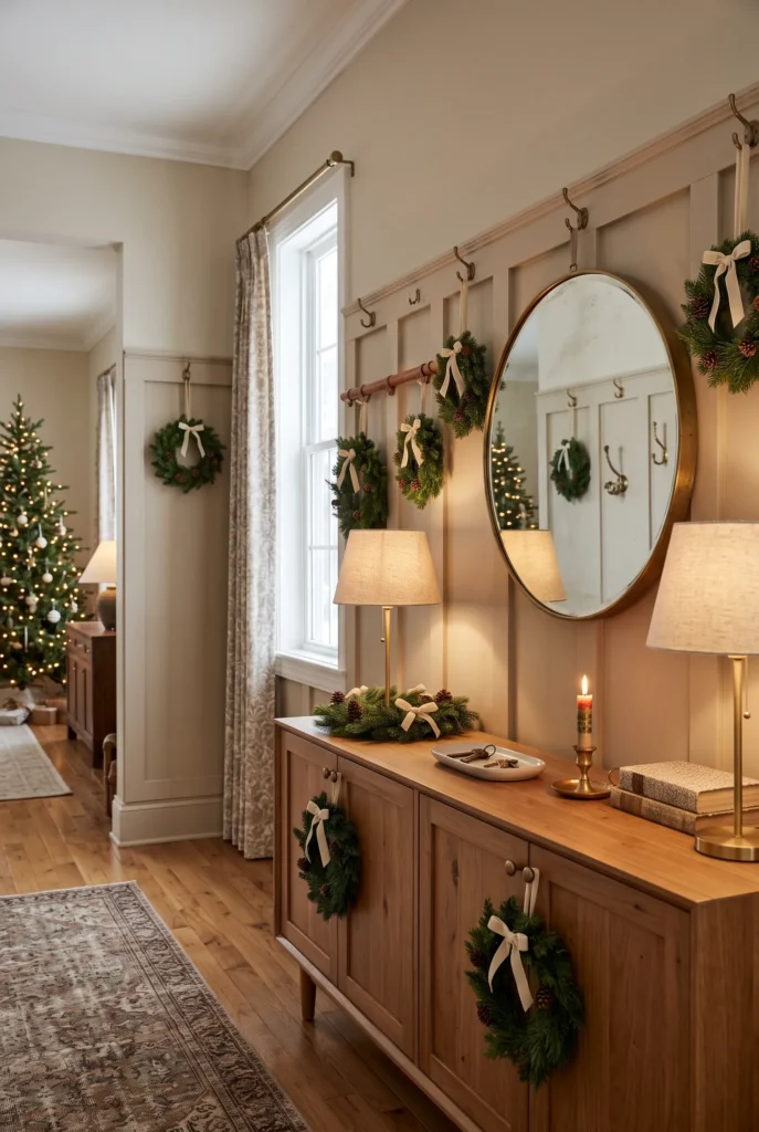 Natural Christmas decor featuring pinecones, greenery, wood, and dried oranges