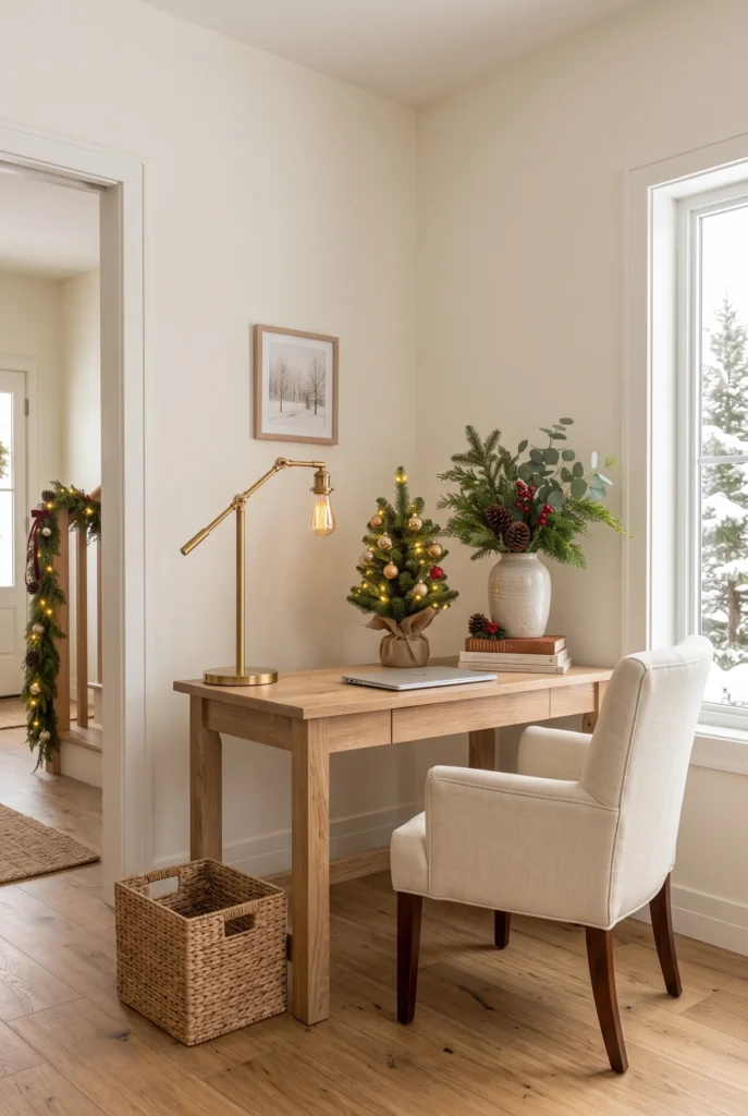 Stylish Christmas home office with small tabletop tree, evergreen branches, and seasonal decor