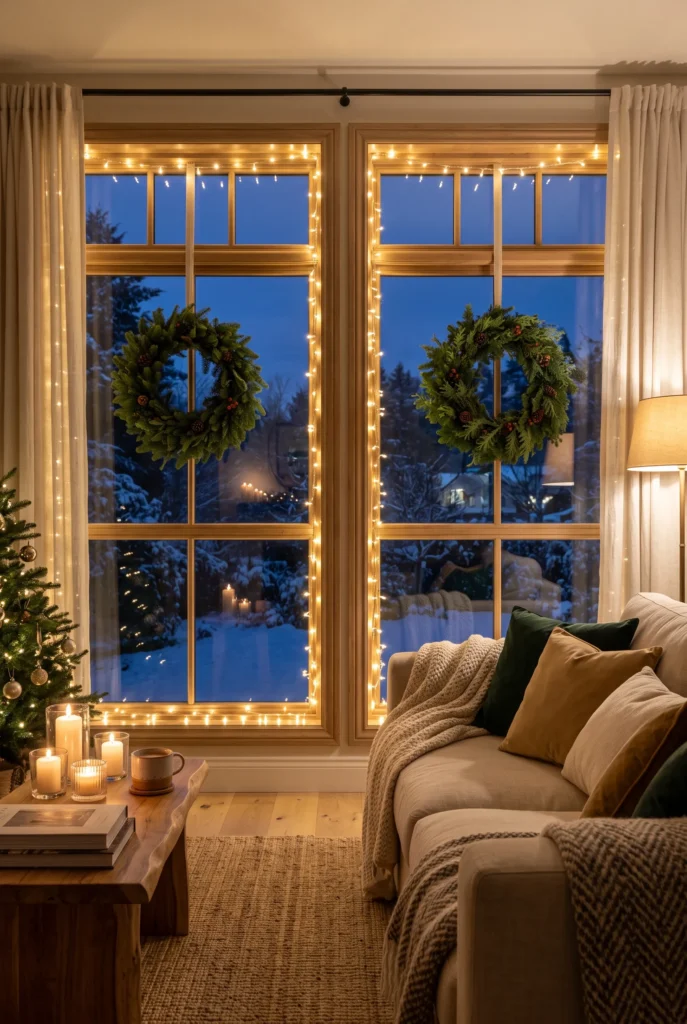 Cozy Christmas living room with warm lights framing windows and evergreen wreaths